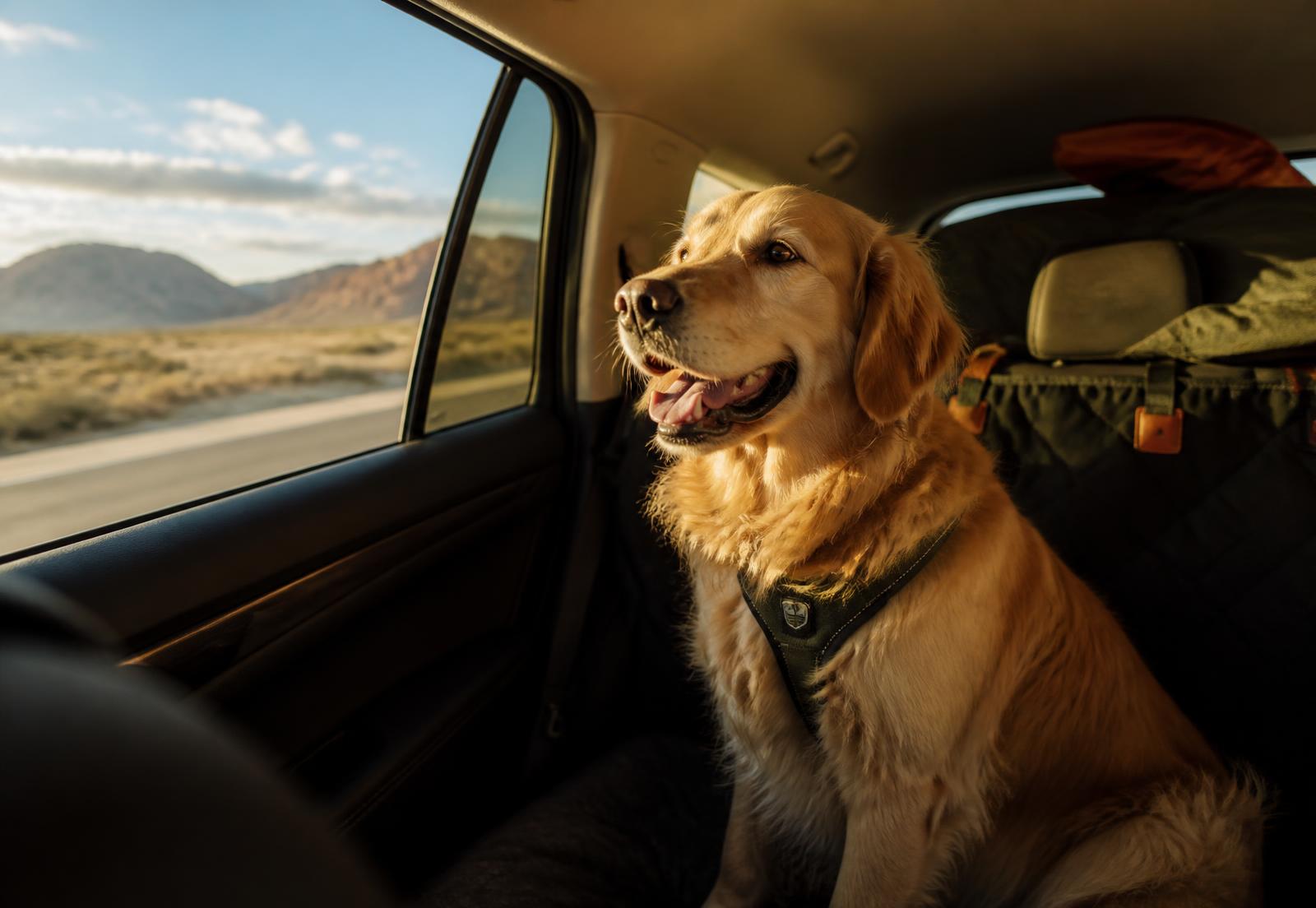 Golden retriever riding in the back seat of a car on a desert highway at sunset