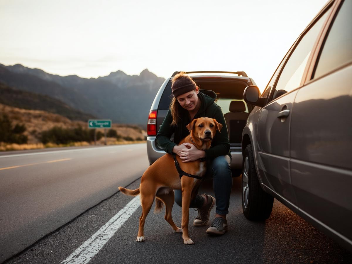 Dog owner crouching to hug their dog beside a parked car at a mountain highway pullout